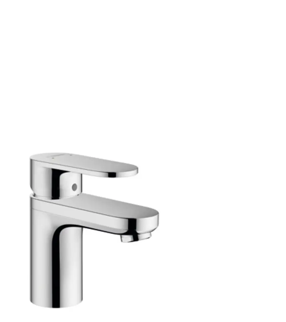Hansgrohe Einhebel-Waschtischmischer in Chrom mit flacher Bedienungsoberfläche und Zugstangen-Ablaufgarnitur. Isolierte Wasserführung sichtbar.